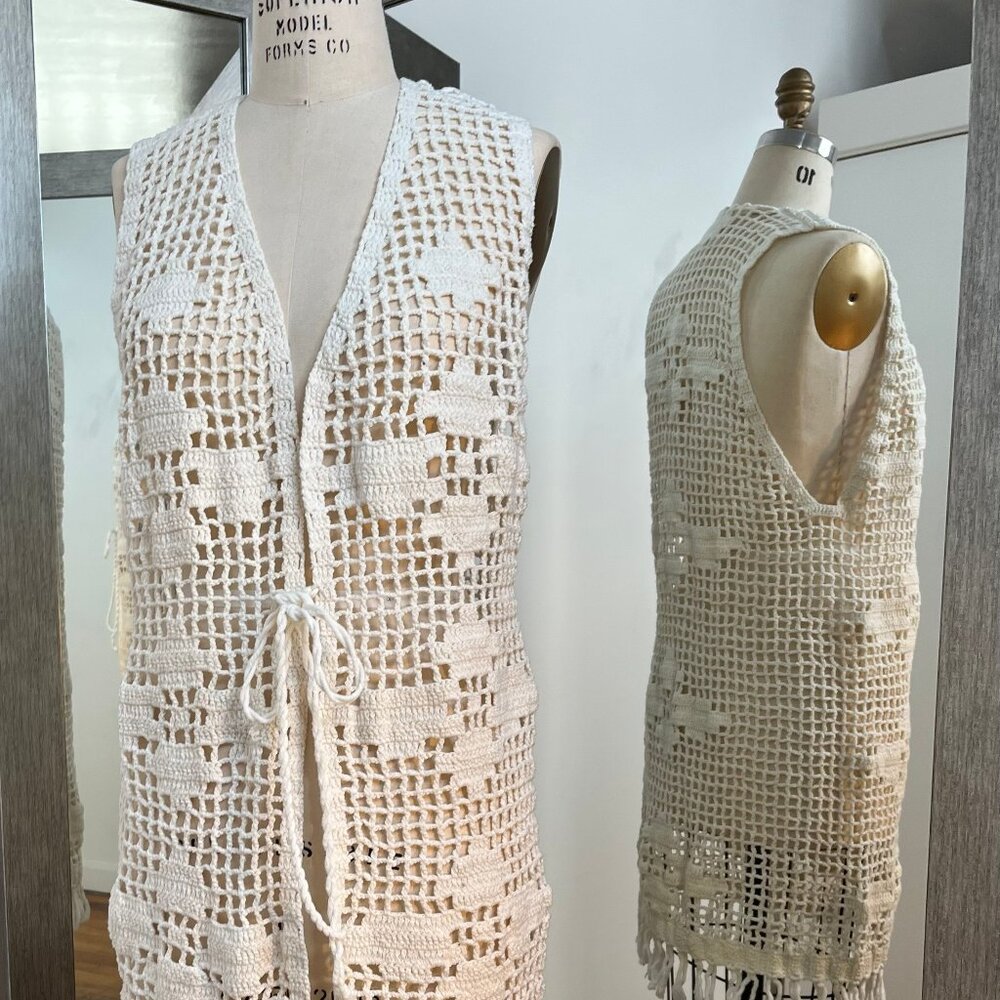 Crochet Vest  with front tie- Ivory Color - Handmade - Size Medium